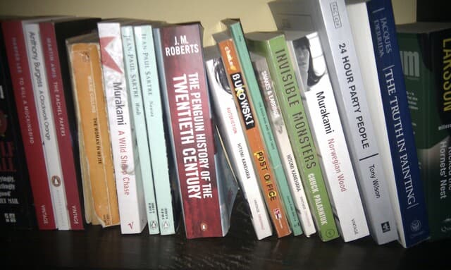 Library Shelf with some books, between them, Invisible Monsters from Chuck palahniuk Library Shelf with some books, between them, Invisible Monsters from Chuck palahniuk